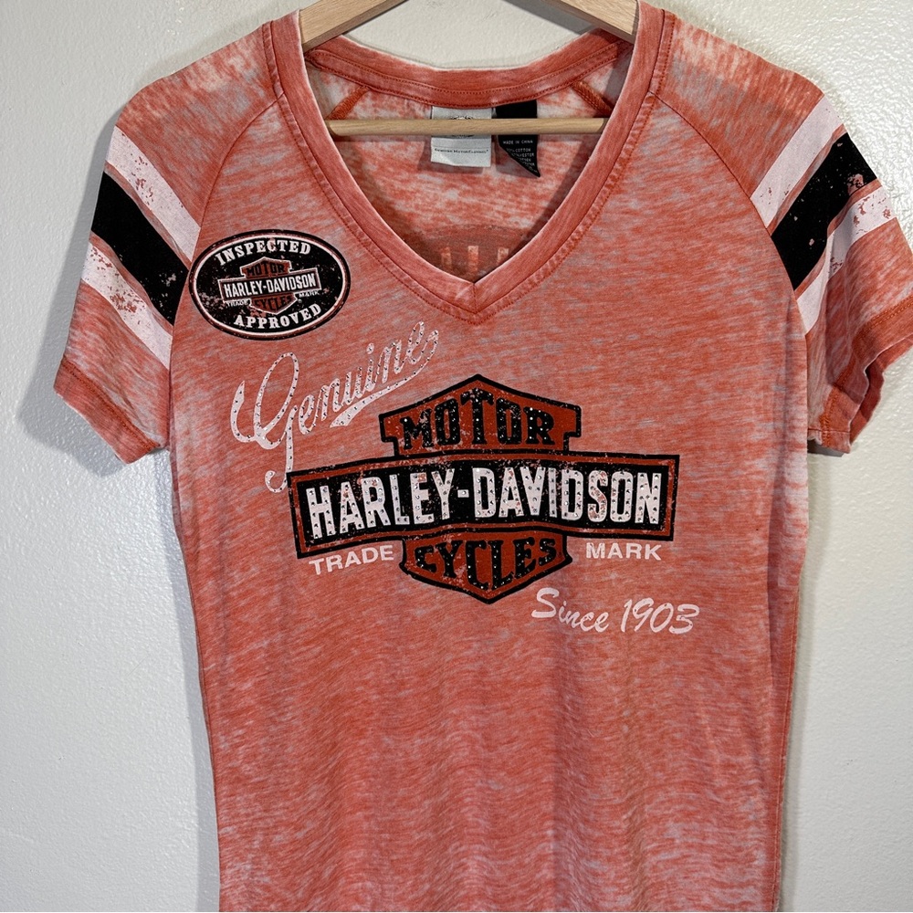 Harley-Davidson Womens Medium Genuine Oil Can Burnout Tee Vintage Orange - Picture 3 of 8